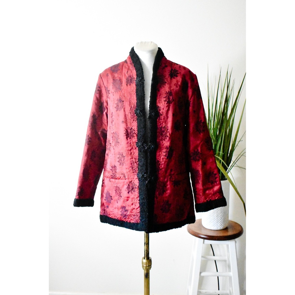 King Cat Floral Brocade Jacket Womens Medium Red 60s Faux Fur Trim Frog Closure